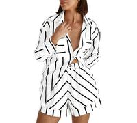 Chenxiyin Women's Striped 2 Piece Outfits Casual Button Down Shirts and Shorts Drawstring Pajamas Lounge Matching Sets (White,XL)
