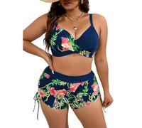 CHENZKBD Swimsuit Women Plus Size Teal Tropical Bikini, Push Up Wrap Crop Top with Drawstring Swim Shorts, 2 Piece Tummy Control Bathing Suit