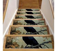 CHENZZZZ 15 Pack Stair Treads for Wooden Steps, _Black Crow Sitting on Branch of Oak Tre (1) Staircase Step Treads Carpet Mat, Stair Mats for Pets Dogs Elders 8x30In