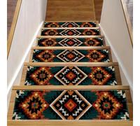 CHENZZZZ Ancient echoes Aztec geometric (1) Stair Treads for Wooden Steps, 15 Pieces 8" X 30" Non-Slip Carpet Stairway Treads, Washable Stair Runner Rugs for Kids Elders Dogs