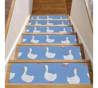 CHENZZZZ Cartoon Funny White Goose Pattern Blue Carpet Stair Treads, Stair Treads for Wooden Steps Indoor, Stair Runner for Pets Non Skid Wood Staircase Step Treads Reusable, Set of 15