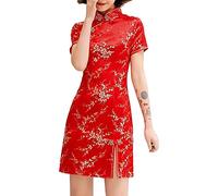 Cheongsam Costume Short Sleeve Side Slit Floral Print Mandarin Collar Vintage Chinese Evening Mini Bodycon Cocktail Outfit, 145-1-red, L