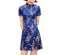 Cheongsam Costume Short Sleeve Side Slit Floral Print Mandarin Collar Vintage Chinese Evening Mini Bodycon Cocktail Outfit, 146-2-blue, L