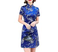 Cheongsam Costume Short Sleeve Side Slit Floral Print Mandarin Collar Vintage Chinese Evening Mini Bodycon Cocktail Outfit, 145-6-blue, L