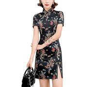Cheongsam Costume Short Sleeve Side Slit Floral Print Mandarin Collar Vintage Chinese Evening Mini Bodycon Cocktail Outfit, 146-4-black, M