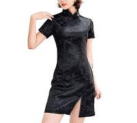 Cheongsam Costume Short Sleeve Side Slit Floral Print Mandarin Collar Vintage Chinese Evening Mini Bodycon Cocktail Outfit, 145-5-black, M
