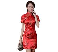 Cheongsam Dress for Women Qipao Slim Fit Short Sleeve Bodycon Mandarin Collar Side Slit Chinese Floral Print Dragon Dress, Red Dragon, M