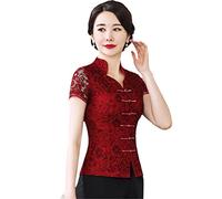 Cheongsam Women Tops Lace Hollow Short Sleeve Traditional Chinese Style Red Tang Costume Qipao Shirts Woman