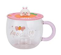 CHEOTIME Cute Glass Little Rabbit Coffee Mug with Silicone Lid,Kawaii Coffee Mugs or Tea Cups,Funny Novelty Bunny and a Carrot Breakfast Mugs for Women,Wife,Mum,Girls (B)