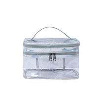 CHEOTIME Ladies Cosmetic Bag, Transparent Double Layer High Capacity Toiletry Storage Bag for Travel Upgrade Rhombus Green PVC Makeup Organizer with Carry Handle (Silver Grey)