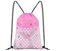 CHEPULA Gym Drawstring Backpack,Sports Gym PE Bag Waterproof Swimming Beach Backpack with Zippered Pocket Mermaid Red