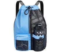CHEPULA Swim Bag Mesh Drawstring Backpack with Wet Pocket, Waterproof Gym Bags for Beach Swimming Pool Gym Workout Men Women (Blue)