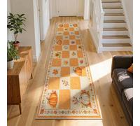 Chequered Fall Runner Rug 80x200cm Orange Cream Pumpkin Maple Leaf Carpet | Low-Pile Washable Non-Slip Farmhouse Kitchen Runner rug for Corridor Bedroom Entryway Indoor Seasonal Decor Carpet