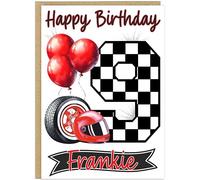 Chequered Flag Personalised Racing Birthday Cards for Boys - Custom Ages 4-9 & Own Customised Name - Happy Birthday Checkered Number Design A5 Cards (Age 9)