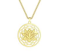 Chereda 316L Stainless Steel Lotus Flower Pendant Necklace Boho Buddhist Jewelry For Men Women Round Ethnic Dainty Necklace Gift, Stainless Steel, No Gemstone