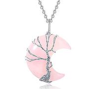 Chereda Healing Crystal Necklace Tree Life Wire Wrapped Crescent Moon Heart Pendant Necklace for Women Natural Resin Reiki Spiritual Quartz Gemstone Jewelry (Moon Pink-Rose Quartz)