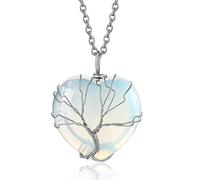 Chereda Healing Crystal Necklace Tree Life Wire Wrapped Crescent Moon Heart Pendant Necklace for Women Natural Resin Reiki Spiritual Quartz Gemstone Jewelry (Heart Blue-Opal)
