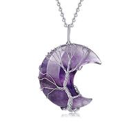 Chereda Healing Crystal Necklace Tree Life Wire Wrapped Crescent Moon Heart Pendant Necklace for Women Natural Resin Reiki Spiritual Quartz Gemstone Jewelry (Moon Purple-Amethyst)