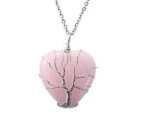 Chereda Healing Crystal Necklace Tree Life Wire Wrapped Crescent Moon Heart Pendant Necklace for Women Natural Resin Reiki Spiritual Quartz Gemstone Jewelry (Heart Pink-Rose Quartz)