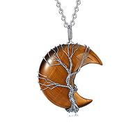 Chereda Healing Crystal Necklace Tree Life Wire Wrapped Crescent Moon Heart Pendant Necklace for Women Natural Resin Reiki Spiritual Quartz Gemstone Jewelry (Moon Brown-Tiger Eye Stone)
