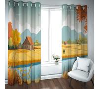 CHERHERART Autumn Countryside Scenery Blackout Curtains for Bedroom Living Room Fields Houses Rivers and Mountains Darkening Window Drapes 2 Panels 2xW52xL72