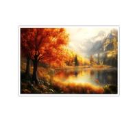CHERHERART Autumn Lake Tree Canvas Wall Art Artwork Misty Mountains Canvas Wall Decor for Living Room Warm Colour Forest Pictures Prints 45x80cm Frameless
