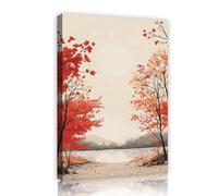 CHERHERART Autumn's Crimson Maple Leaves Canvas Picture Prints Artwork Tranquil Romantic Mountain Scene Canvas Wall Art Decor for Home Murals 25x40cm Innerframe