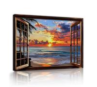 CHERHERART Beach Sunset Window Canvas Wall Art Tropical Palm Tree Ocean View Rustic Picture Artwork Summer Holiday Home Decoration Living Room 50x75cm Innerframe