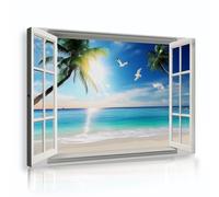 CHERHERART Canvas Prints Tropical Beach Window Canvas Wall Art Sunrise Palm Trees Seagulls Turquoise Sea Painting Picture Artwork for Office 60x90cm Innerframe