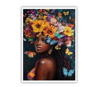 CHERHERART Canvas Wall Art Floral Woman Portrait Poster Prints Butterfly Bold Boho Ethnic Colorful Canvas Picture Decor for Living Room Coffee 35x55cm Frameless