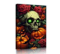 CHERHERART Colorful Skull Pumpkin Rose Halloween Canvas Wall Art Painting Dark Gothic Pictures Artwork Prints for Living Home Dining Decor 25x40cm Innerframe