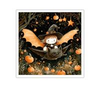 CHERHERART Cute Halloween Witch Bat Canvas Wall Art Pumpkins Dark Forest Poster Prints Cozy Spooky Home Decor Whimsical Festive Picture Artwork 55x55cm Frameless