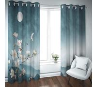 CHERHERART Elegant Chinese Style Blackout Curtains White Pink Floral Birds Mountain Moon Print Drapes for Bedroom Living Room Decor Set of 2 Panels 2xW52xL54