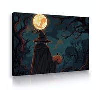 CHERHERART Halloween Witch Moon Forest Canvas Wall Art Spooky Pumpkin Painting Artwork Prints for Living Room Home Dining Study Decor 30x45cm Innerframe