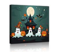 CHERHERART Haunted House Ghosts Pumpkins Canvas Prints Spooky Pictures Painting Halloween Canvas Wall Art for Living Room Bedroom Decor 70x70cm Innerframe