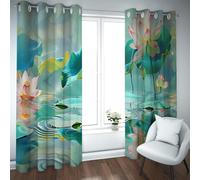 CHERHERART Lotus Pond Blackout Curtains 2 Panels Oriental Style Pink Floral Teal Leaves Grommet Window Darkening Drapes for Living Room Bedroom 2xW90xL90