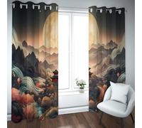 CHERHERART Oriental Mountain Moon Landscape Blackout Curtains Chinese Traditional Architecture Drapes for Bedroom Living Room Grommet 2 Panels 2xW52xL84