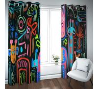 CHERHERART Playful Cartoon Characters Blackout Curtains for Playroom Abstract Graffiti Eyelet Drapes Set of 2 Lightweight Car Window Treatments W52xL63