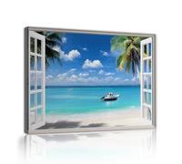 CHERHERART Poster Framed Tropical Beach Window Canvas Wall Art Blue Sea View Palm Trees Blue Sky Boat Summer Canvas Picture for Dining Room 70x110cm Innerframe