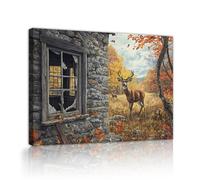 CHERHERART Rustic Stone Cottage Wall Art Window View Canvas Artwork Autumn Deer Fall Forest Poster Prints Vintage Wildlife Canvas Picture 45x60cm Innerframe
