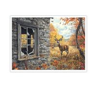 CHERHERART Rustic Stone Cottage Window View Canvas Wall Art Autumn Deer Fall Forest Poster Prints Vintage Wildlife Canvas Picture Artwork 55x75cm Frameless