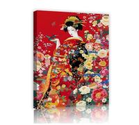 CHERHERART Traditional Art Style Wall Decor Japanese Geisha Canvas Wall Art with Floral Print Red Canvas Picture for Living Room Home Office Decor 90x120cm Innerframe