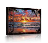 CHERHERART Tropical Sunset Window Canvas Wall Art Ocean Beach View Canvas Picture Palm Tree Rustic Summer Holiday Decor for Living Room 70x100cm Innerframe