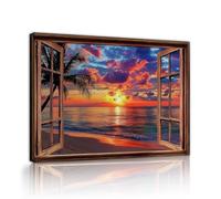 CHERHERART Tropical Sunset Window Canvas Wall Art Ocean Beach View Poster Prints Palm Trees Rustic Canvas Picture for Living Room Home Office 70x100cm Innerframe