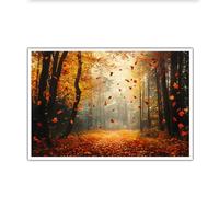 CHERHERART Warm Sunlight Wall Art for Living Room Golden Autumn Forest Pathway Canvas Prints for Hallway Falling Red Leaves Wall Pictures 65x98cm Frameless