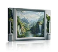 CHERHERART Window View Canvas Wall Art Mountain Waterfall Canvas Picture Green Forest Lake Birds Poster Print for Living Room Bedroom Home 80x130cm Innerframe