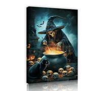 CHERHERART Witch Black Cat Canvas Wall Art Picture Mystical Print Poster Halloween Mural for Living Room Dining Home Decoration Artwork 50x75cm Innerframe