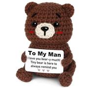 CheriGift for Him, Birthday Gifts for Boyfriend Husband Men - To My Man Handmade Crochet Bear with Message Card 'I Love You Bear-y Much' - Anniversary or Valentines Presents for Him