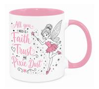 Cherish Charlie Designs Faith Trust & Pixie Dust Mug - Funny Novelty Gift Silly Present Mugs for Women Birthday Christmas for Mum Dad Friend Sister for Men Colleague Secret Santa Work Quotes Pink