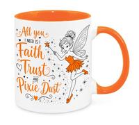 Cherish Charlie Designs Faith Trust & Pixie Dust Mug - Funny Novelty Gift Silly Present Mugs for Women Birthday Christmas for Mum Dad Friend Sister for Men Colleague Secret Santa Work Quotes Orange